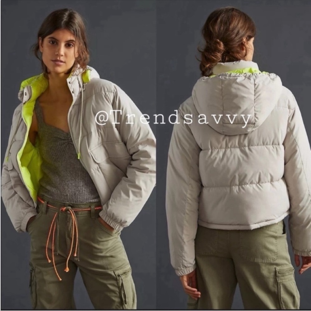 Anthropologie Pilcro Moonstruck Gray Hooded Utility Puffer Jacket Plus 1X Coat
